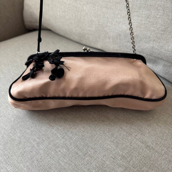 Prada Satin Shoulder Bag Clutch Pink Peach Black Floral Charm Kiss Lock FLAW - Picture 3 of 7
